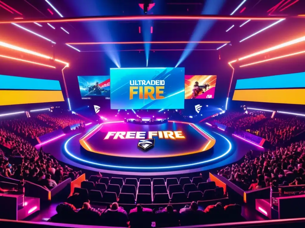 Un torneo de Free Fire Esports en 8k, con fans entusiastas, jugadores concentrados y una atmósfera electrificante