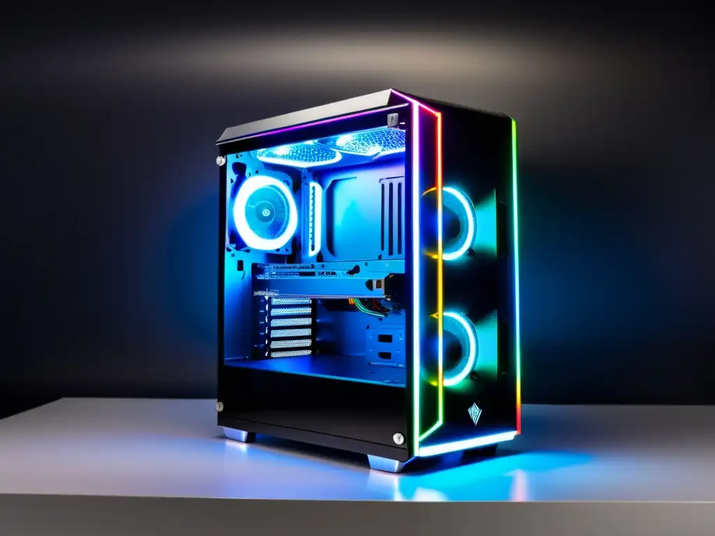 Una torre de PC para juegos con iluminación RGB vibrante, cables organizados y hardware de alto rendimiento