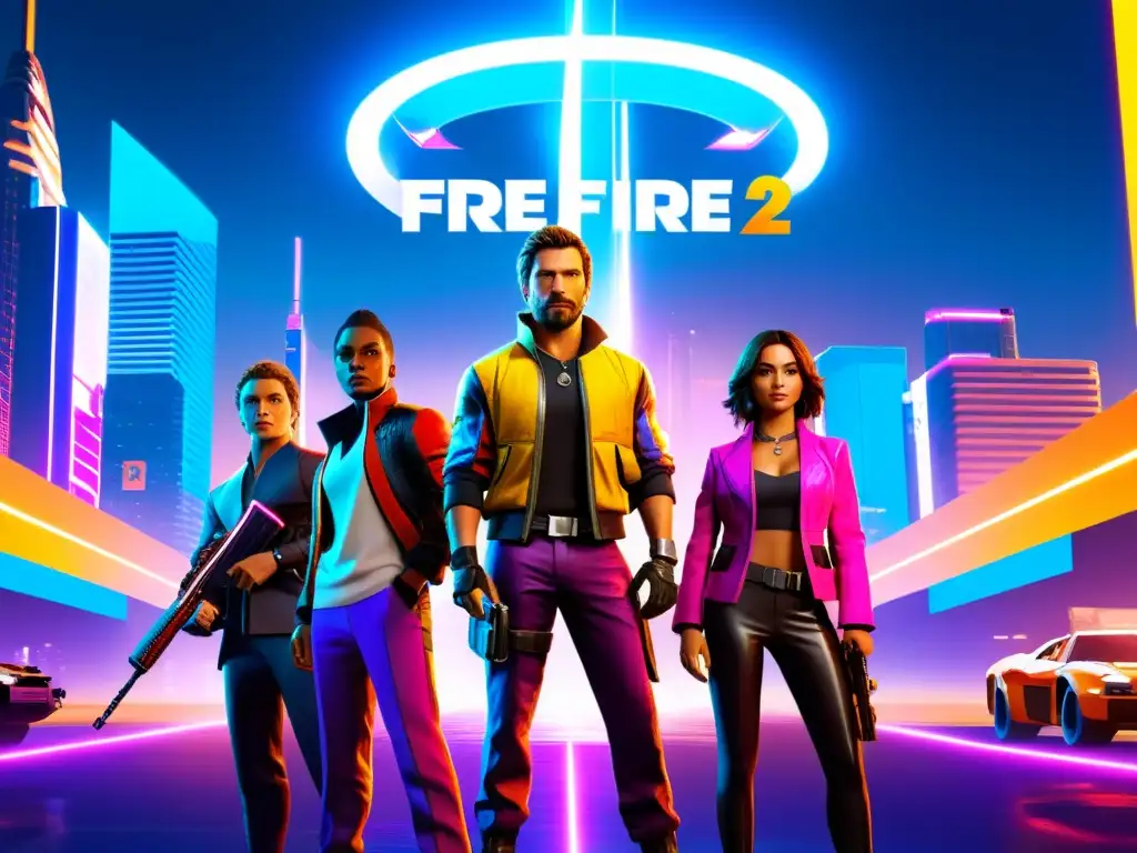 Unidos en la resolución de conflictos en Free Fire, personajes con armaduras futuristas y armas avanzadas, en medio de una ciudad vibrante y futurista