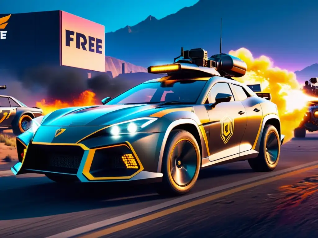 Un vehículo futurista con armamento avanzado en Free Fire, compitiendo en un paisaje postapocalíptico al anochecer