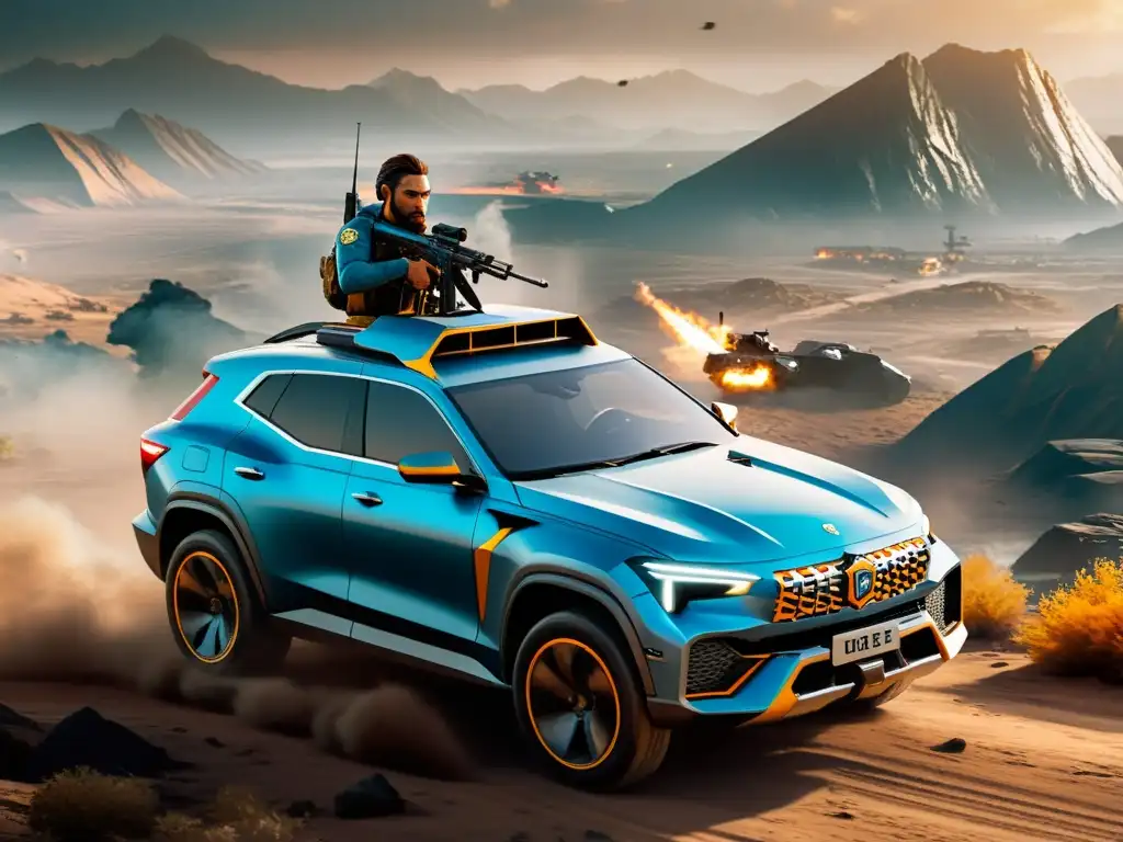 Aprovechar vehículos en Free Fire: Personaje en vehículo futurista recorriendo paisaje apocalíptico con determinación