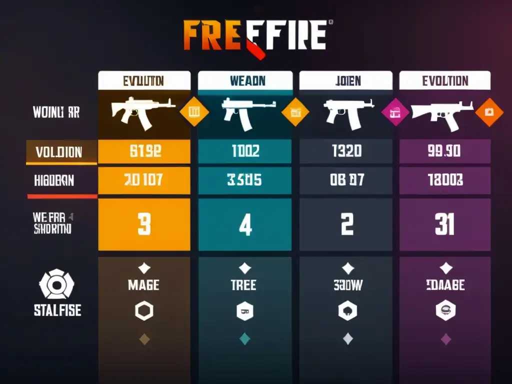 Vibrante infografía de actualizaciones armas FreeFire, detallada y futurista