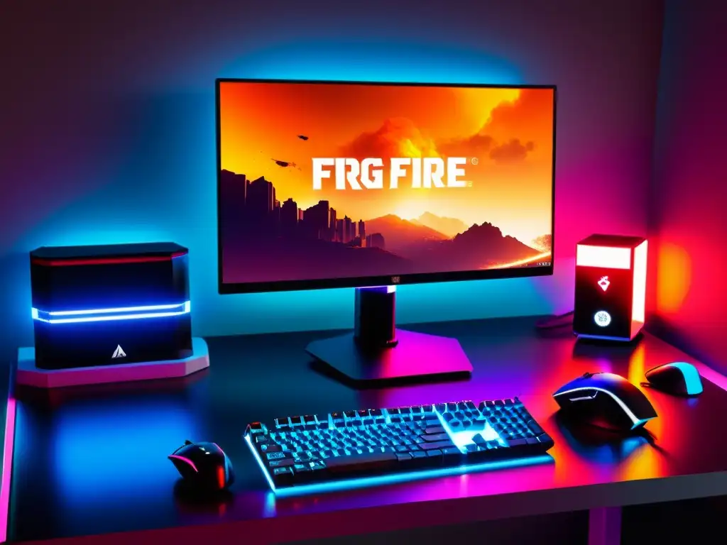 Vibrante ambiente de juego con emuladores para Free Fire ventaja competitiva, teclado y ratón retroiluminados en un elegante setup gaming