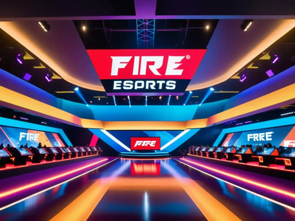 Vibrante arena de esports con fans entusiastas, jugadores profesionales y marcas de moda, fusionando moda y gaming en FreeFire