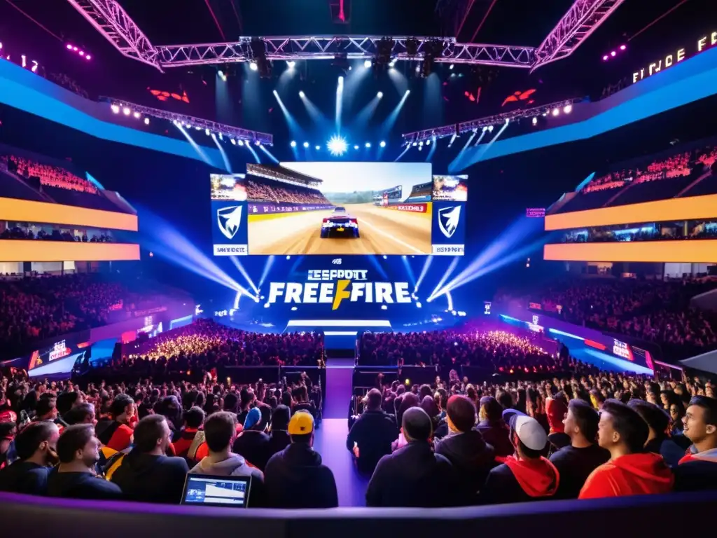 Vibrante arena de esports de Free Fire, con jugadores enfocados, público emocionado y estrategias eventos línea engagement FreeFire