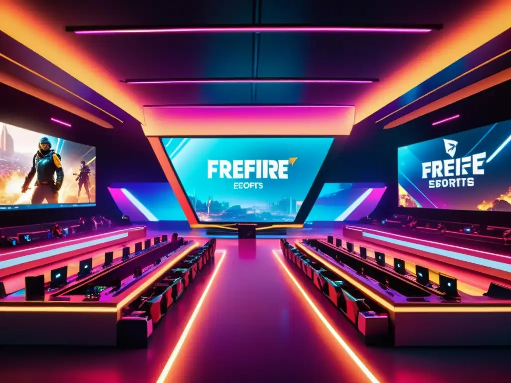 Vibrante arena de eSports de FreeFire, jugadores en competencia, tecnología futurista y luces de neón