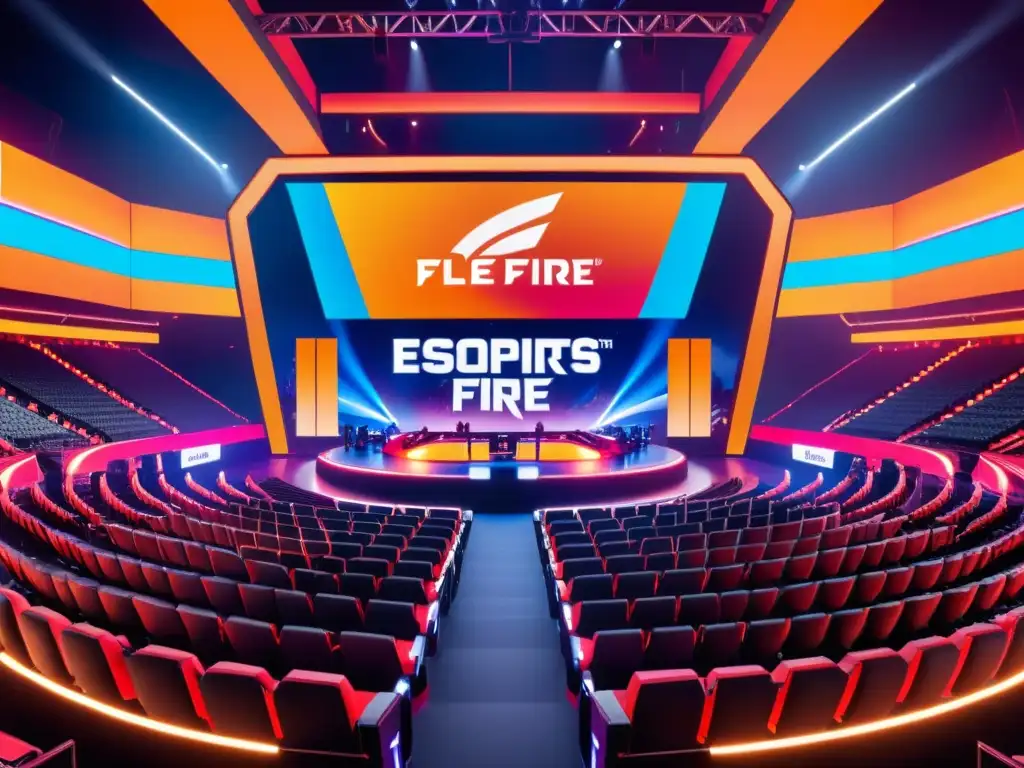 Vibrante arena de esports con sponsorships en Free Fire, jugadores compitiendo bajo luces de neón y fans entusiastas