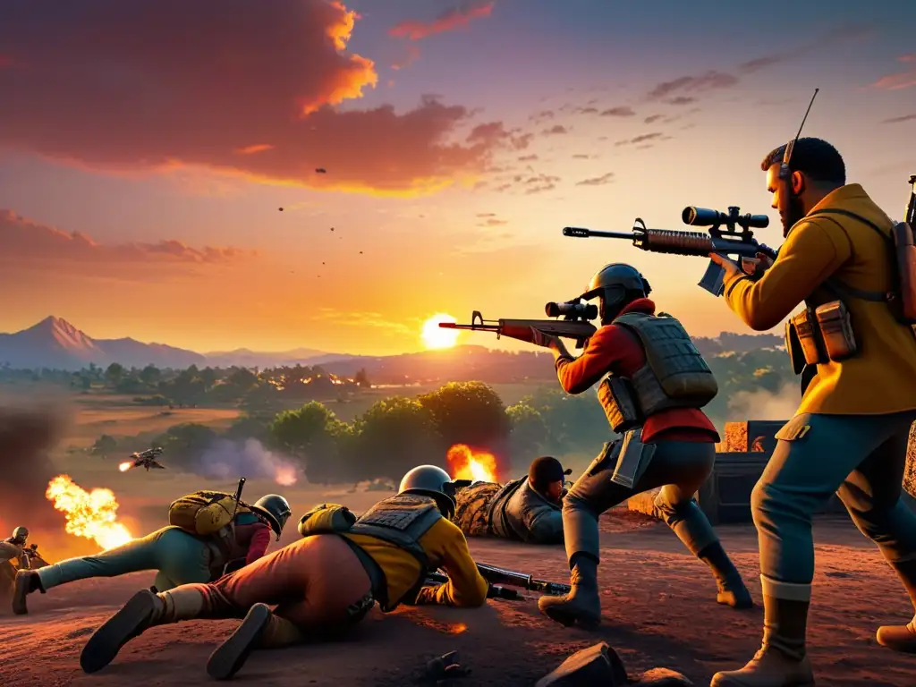 Vibrante atardecer en campo de batalla de Free Fire, jugadores estratégicos preparándose para el combate