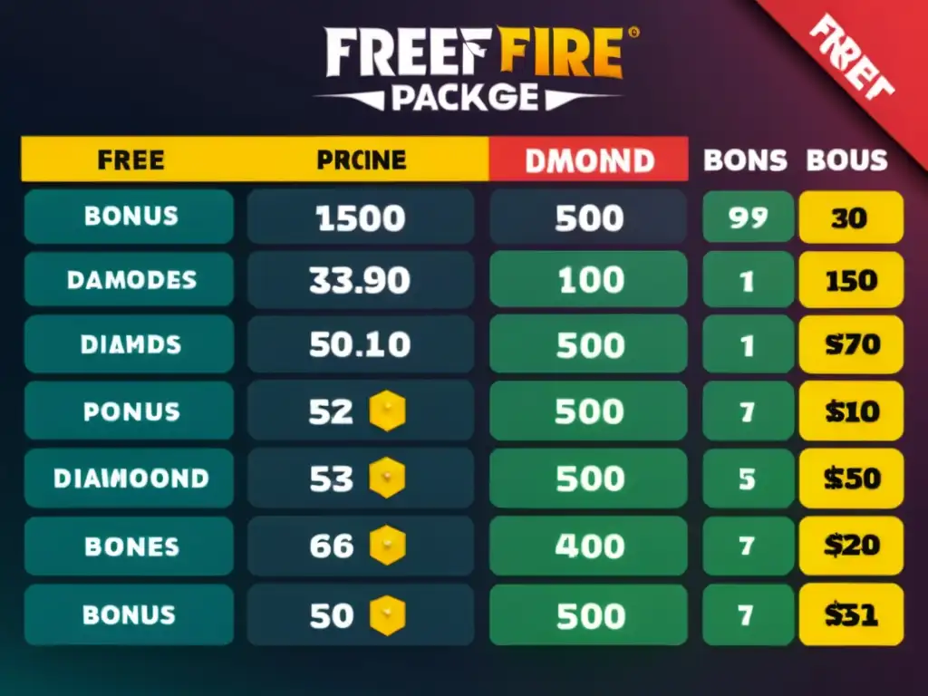 Vibrante comparativa de paquetes de diamantes en Free Fire, mostrando precios, cantidades y bonificaciones