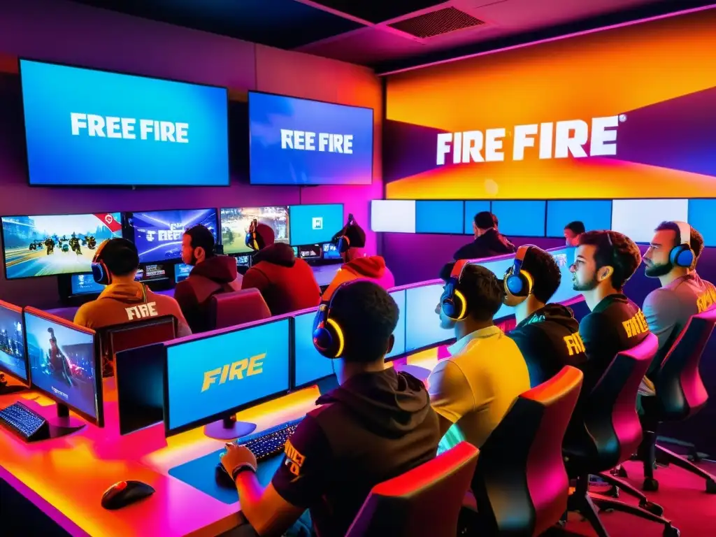 Un vibrante cybercafé lleno de jugadores de Free Fire de todo el mundo, inmersos en emocionantes partidas en pantallas de alta tecnología