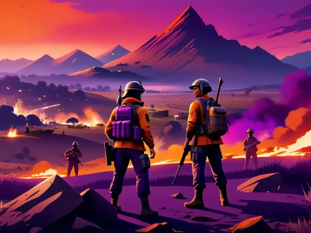 Vibrante ilustración 8k detallada de un campo de batalla de Free Fire al atardecer, mostrando las mejores estrategias de combate en Free Fire