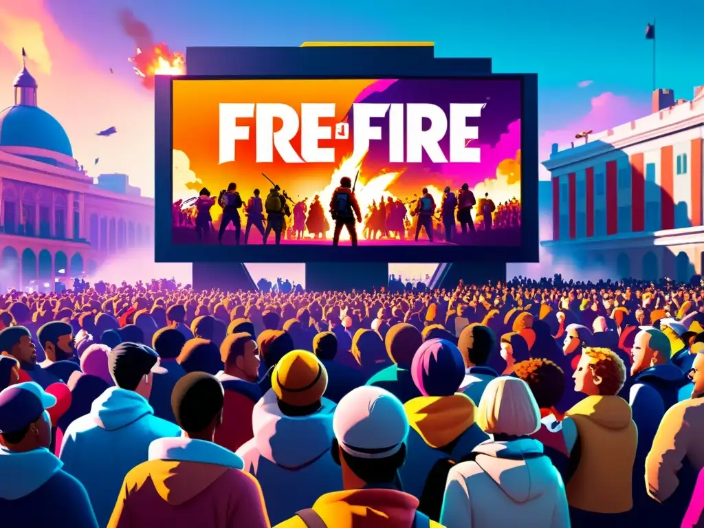 Vibrante ilustración digital de ciudad con pantalla de Free Fire y gente diversa reunida, reflejando la influencia de Free Fire en política