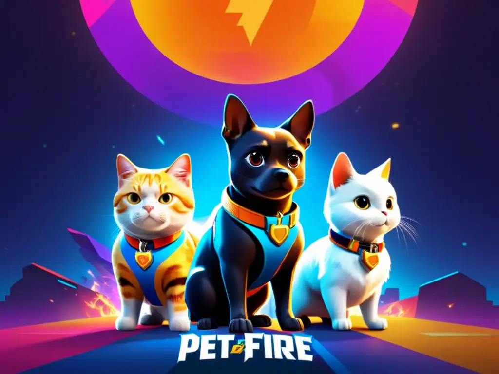 Vibrante ilustración digital de mascotas de Free Fire en un entorno futurista