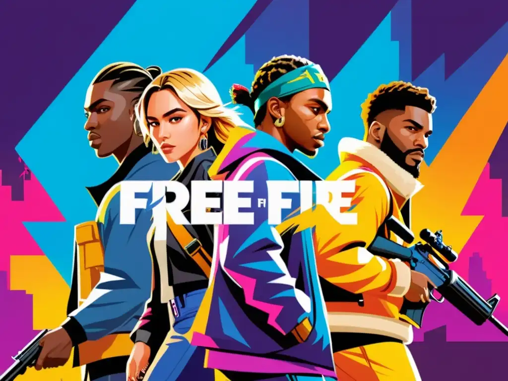 Vibrante ilustración digital de personajes de Free Fire en una batalla urbana llena de referencias culturales