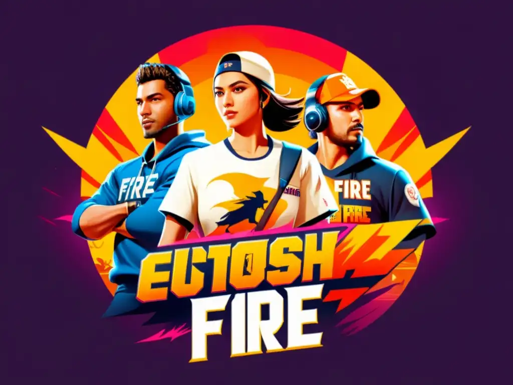 Un vibrante diseño de ropa personalizada de Free Fire con personajes y logotipos emblemáticos