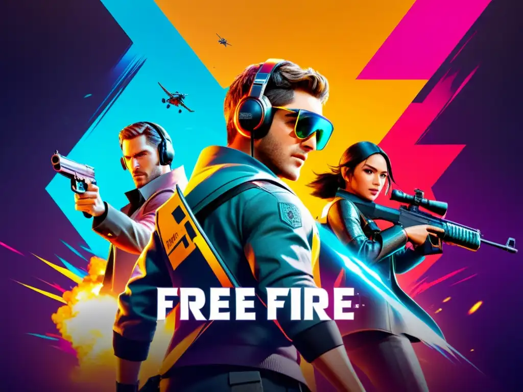 Vibrante escena de juego de Free Fire con jugadores estratégicos en un campo de batalla digital, mostrando la emoción y la tecnología de Free Fire