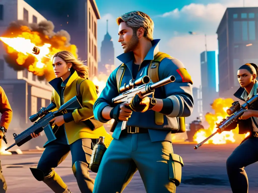 Vibrante escena de juego de Free Fire con táctico equipo urbano