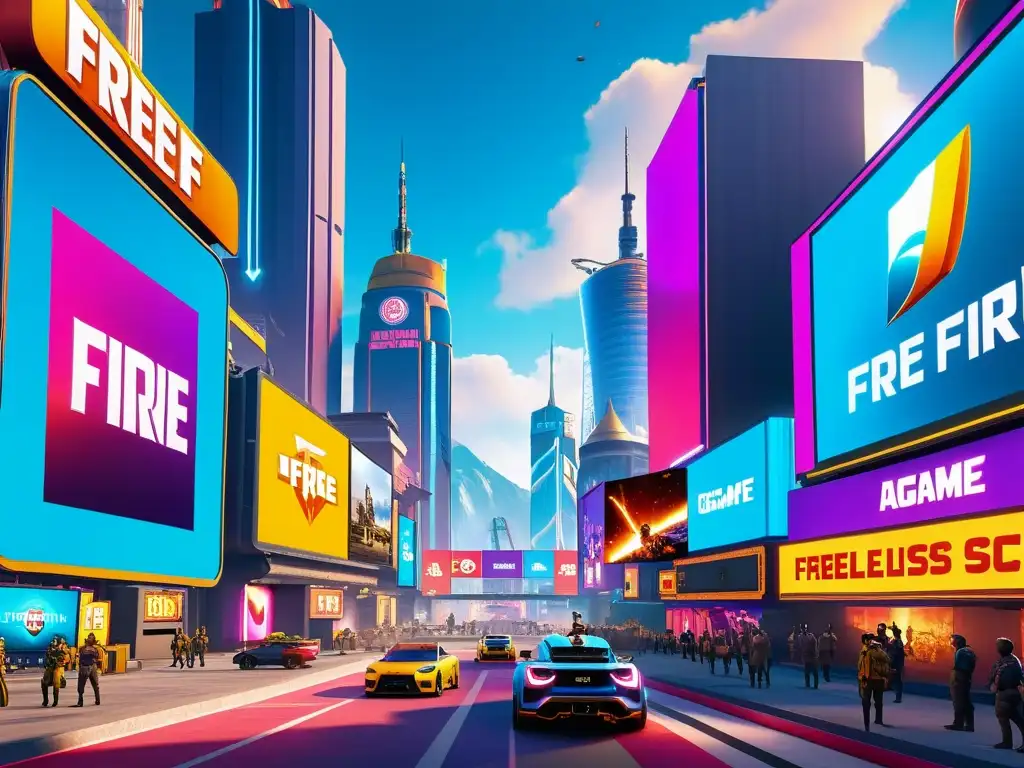 Vibrante escena publicitaria en Free Fire, con marcas integradas en un paisaje futurista y colorido