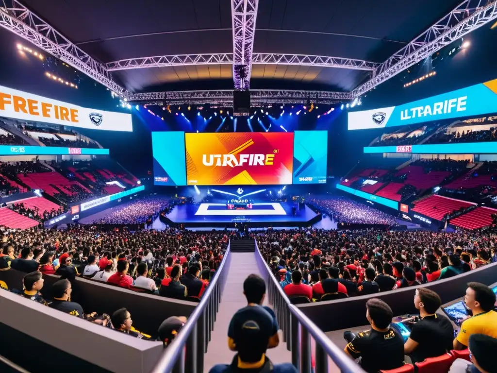 Vibrante evento de esports de Free Fire con equipos compitiendo en un estadio lleno y fans entusiastas