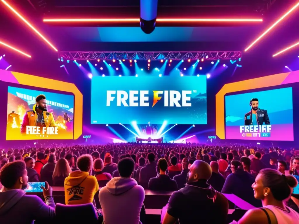 Vibrante evento virtual de Free Fire con público interactuando en línea, lleno de emoción y estrategias de juego, iluminado por neón