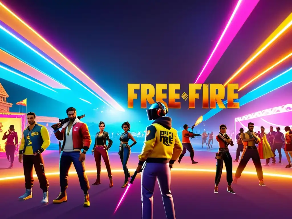 Vibrante Fiesta de la Comunidad Free Fire con jugadores, baile y skins exclusivas en evento colorido y dinámico