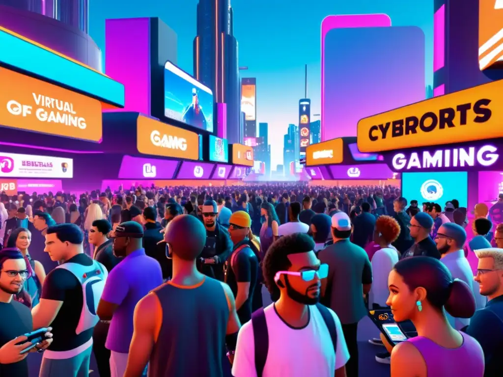 Vibrante comunidad gaming en ciudad cyberpunk, con estrategias de redes sociales para fidelizar jugadores