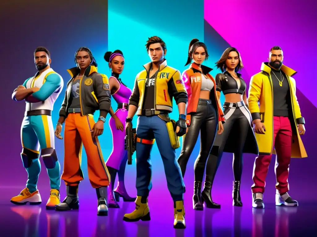 Un vibrante grupo de personajes de Free Fire con los mejores packs de skins, en poses dinámicas y detalles llamativos