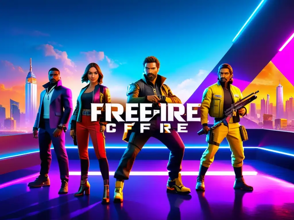 Vibrante grupo de personajes de Free Fire en pose dinámica frente a una ciudad futurista iluminada por neón