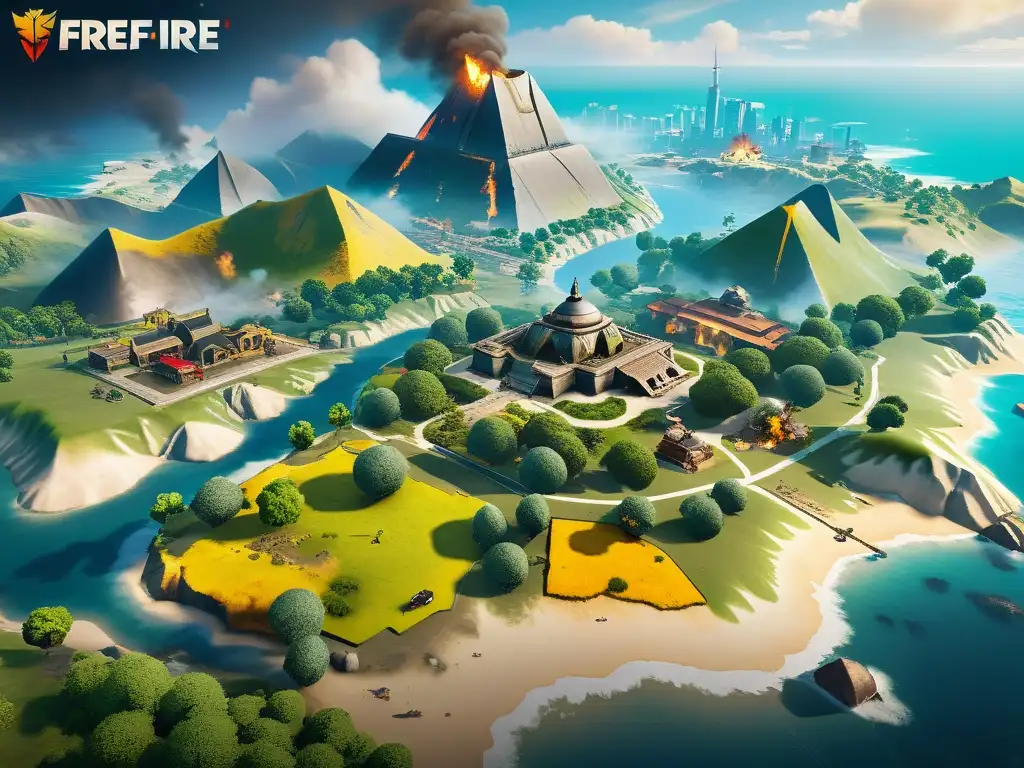 Vibrante imagen 8k de la actualización del mapa Free Fire, resaltando los cambios en paisaje, colores y detalles