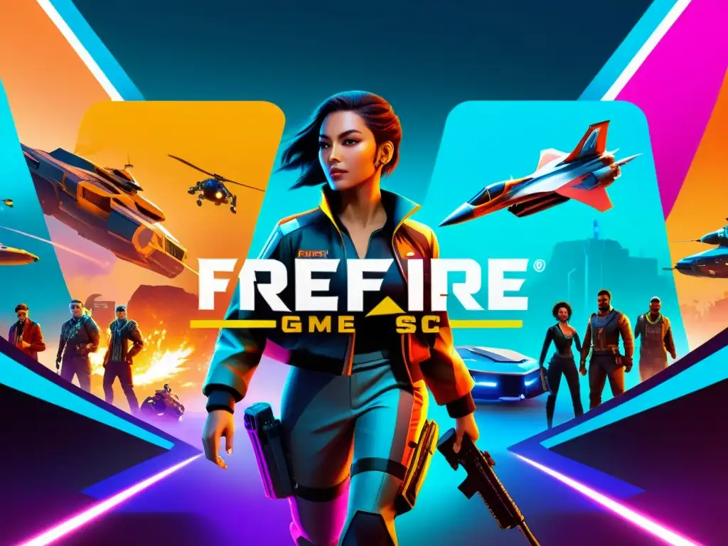 Vibrante imagen futurista de FreeFire con banners de eventos, recompensas y personajes en un entorno de alta tecnología