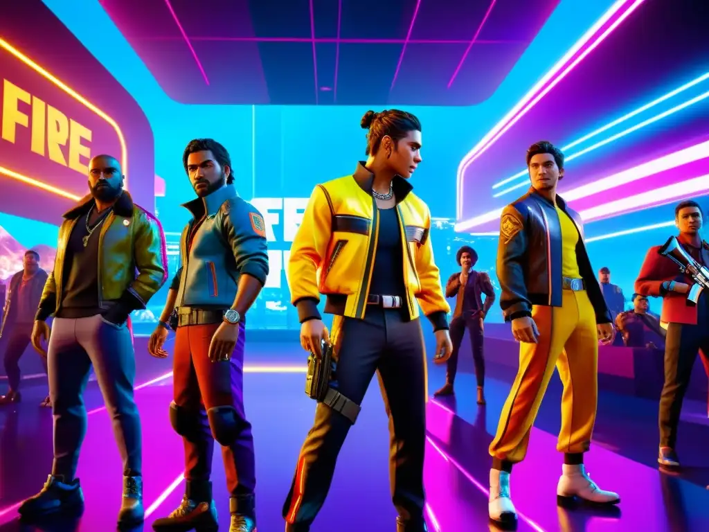 Vibrante imagen 8k de gestos y bailes populares Free Fire, con personajes detallados en poses dinámicas y fondo futurista