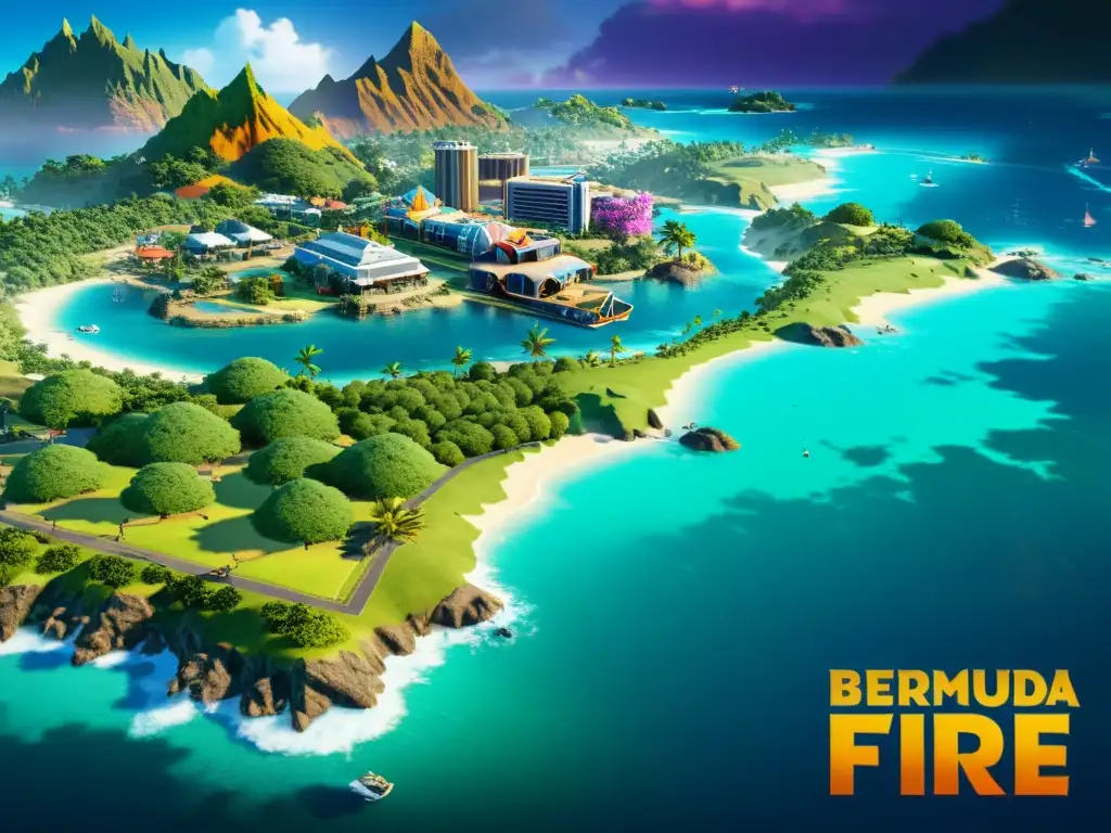 Vibrante imagen 8k de la última actualización del mapa Bermuda en Free Fire, mostrando los cambios de terreno y nuevos puntos estratégicos