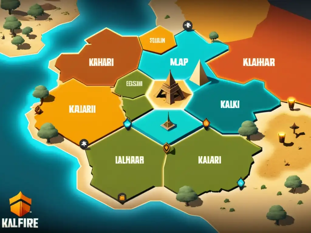 Vibrante mapa Kalahari en FreeFire con estrategias de loot en las mejores zonas, detallando jugadores y tácticas defensivas