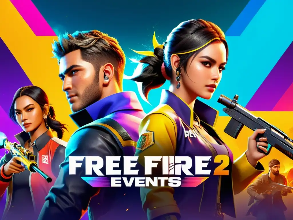 Vibrante ilustración de los mejores eventos con recompensas Free Fire