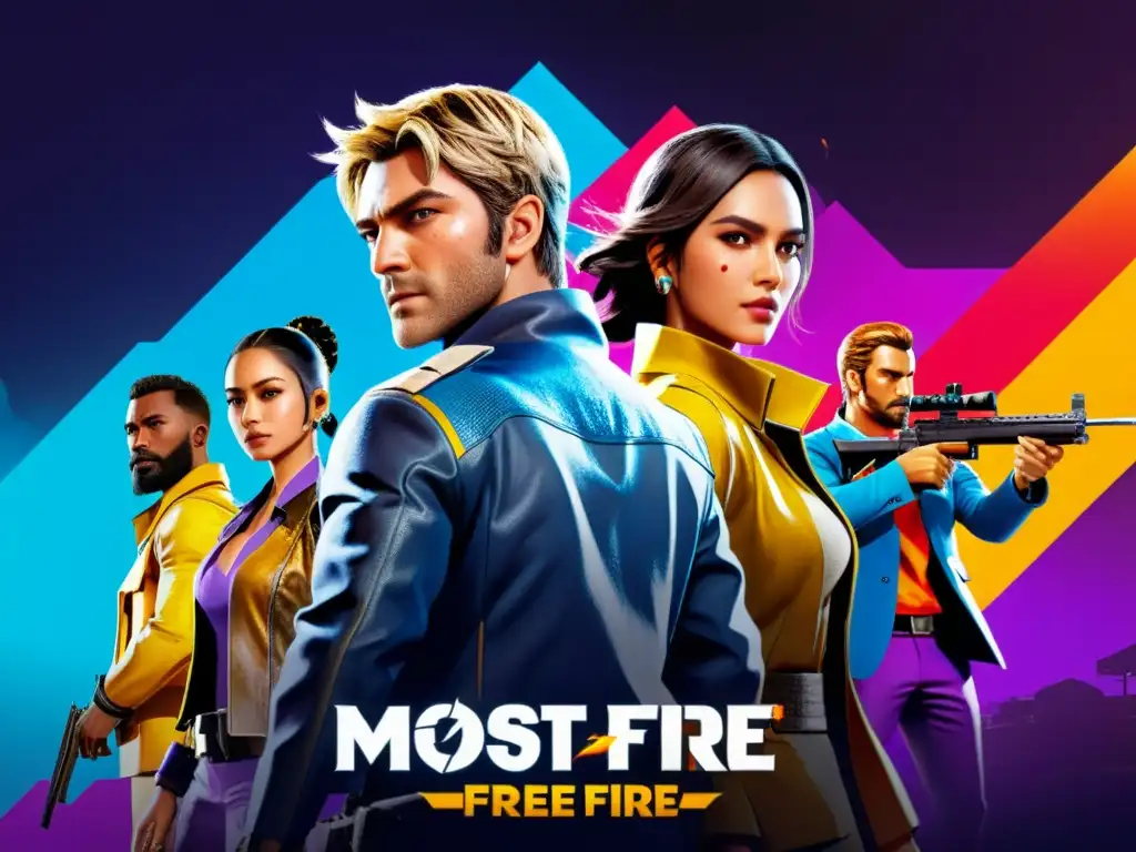 Vibrante ilustración de los mejores personajes de Free Fire en un escenario de batalla futurista, mostrando habilidades, armas y trajes