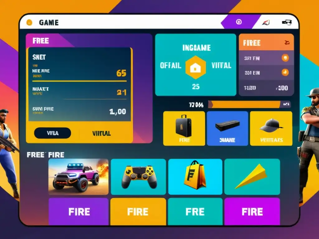 Vibrante mercado competitivo de Free Fire con estrategias de precios y skins destacadas en detallada imagen del juego