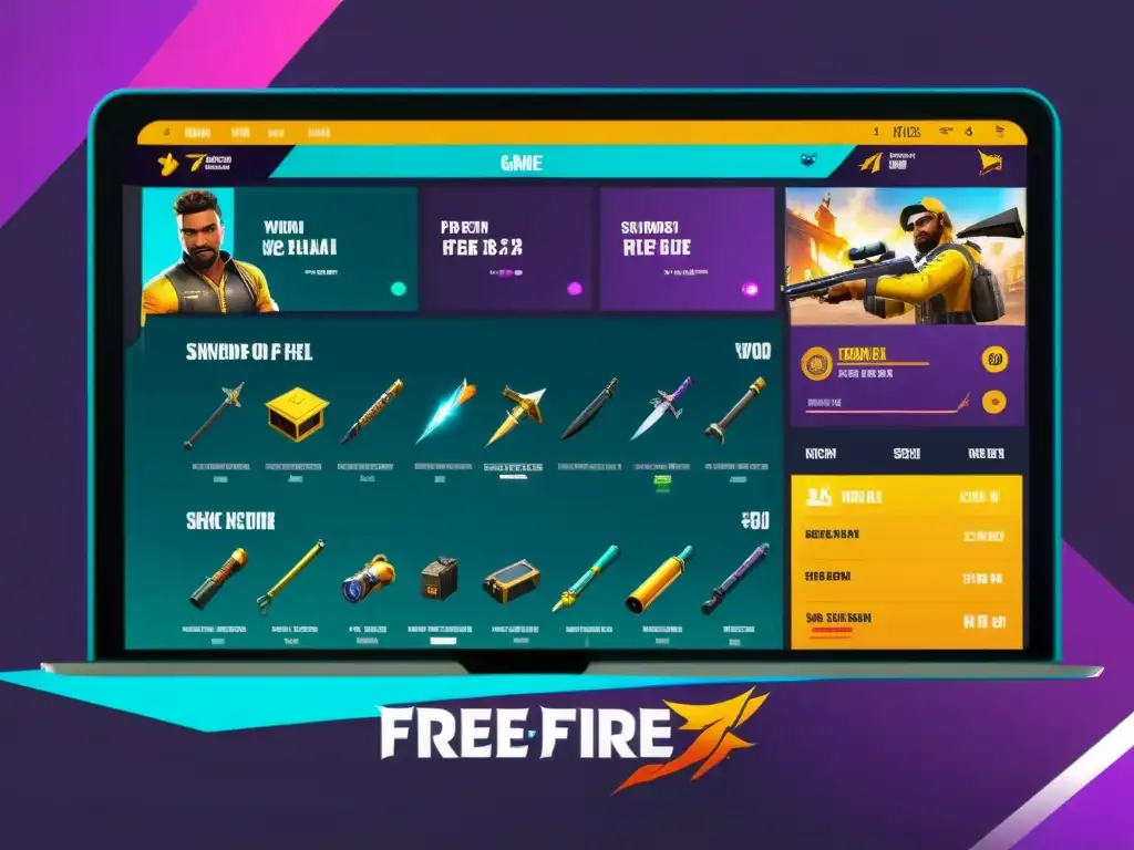 Vibrante mercado de Free Fire, maximizar ganancias diamantes con exclusivas skins y accesorios en detallada ilustración digital