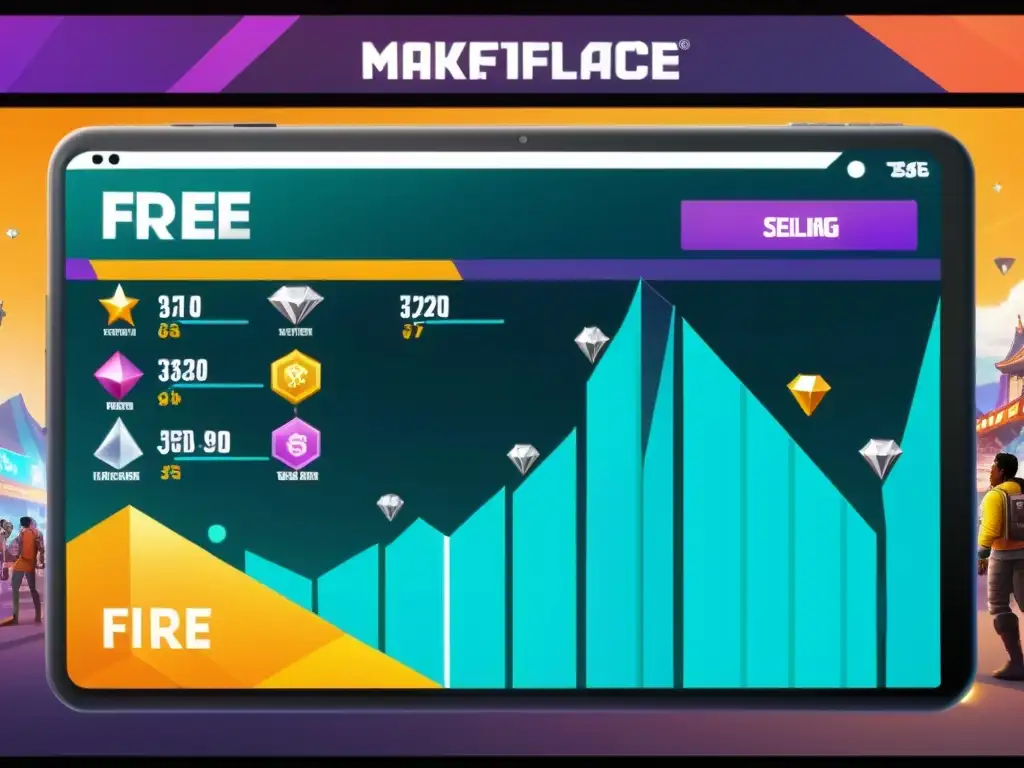 Vibrante mercado virtual en Free Fire, avatares negocian y compran con diamantes