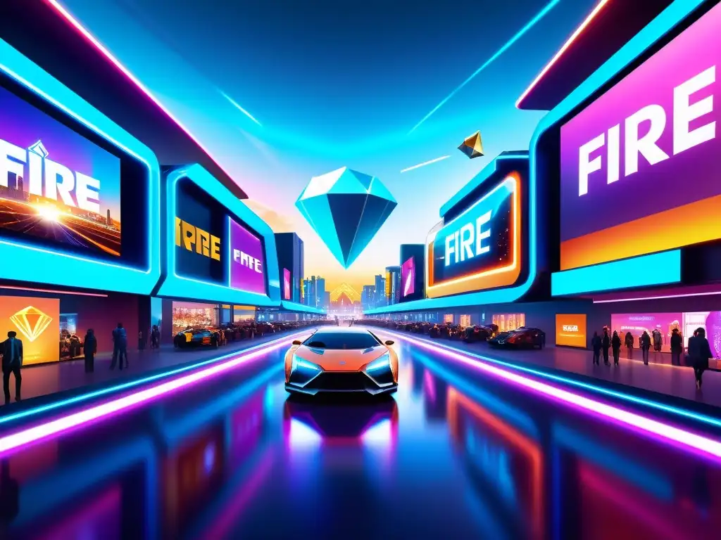 Vibrante mercado virtual futurista con las mejores ofertas de diamantes Free Fire