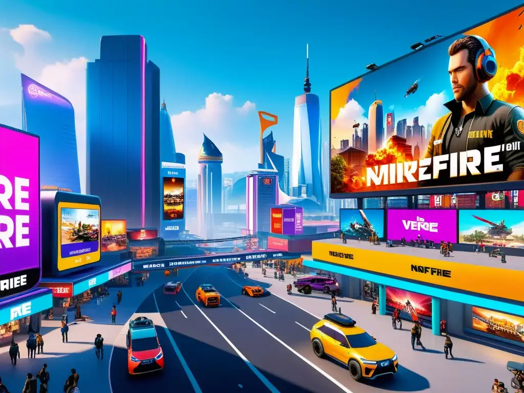 Vibrante mercado virtual en Free Fire con marketing de empresas no endémicas, avatares y futuristas rascacielos