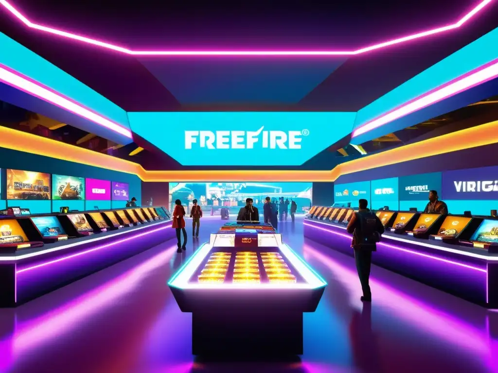 Un vibrante mercado virtual en FreeFire, con personajes intercambiando diamantes y monedas