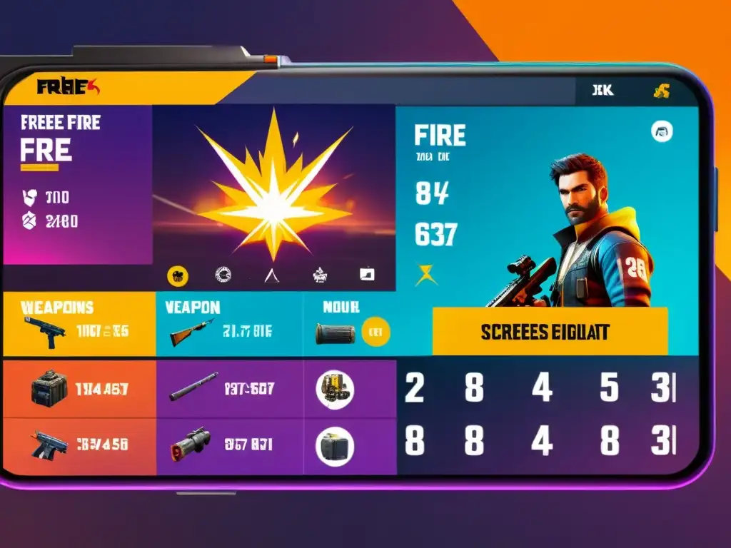 Vibrante pantalla de juego de Free Fire con las mejores armas para comprar, detallando sus atributos y estadísticas en escenas intensas y cautivadoras