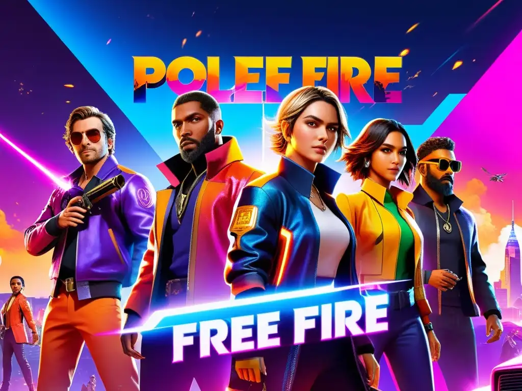 Vibrante ilustración de personajes de Free Fire en una ciudad futurista, destacando el impacto de colaboraciones en la comunidad de Free Fire