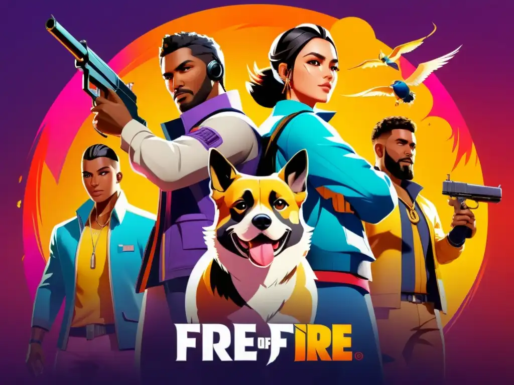 Vibrante ilustración de personajes de Free Fire y sus mascotas en acción, resaltando la importancia de elegir la compañía adecuada