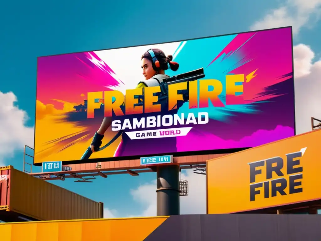 Vibrante publicidad ingame en Free Fire, integrada en un dinámico paisaje virtual con intensas batallas de fondo