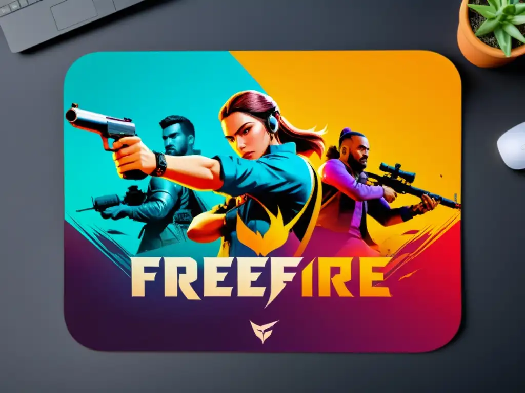 Vibrante alfombrilla ratón gaming con diseño de FreeFire en alta resolución, capturando la emoción del juego