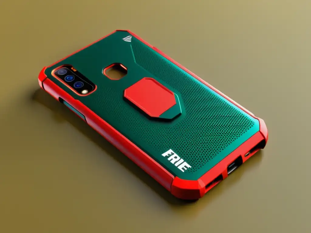 Vibrante funda móvil FreeFire seguridad con diseño dinámico y detalles intrincados