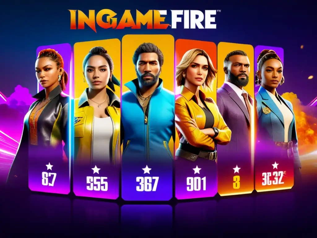 Vibrante selección de personajes en Free Fire con efectos visuales dinámicos y ambiente futurista