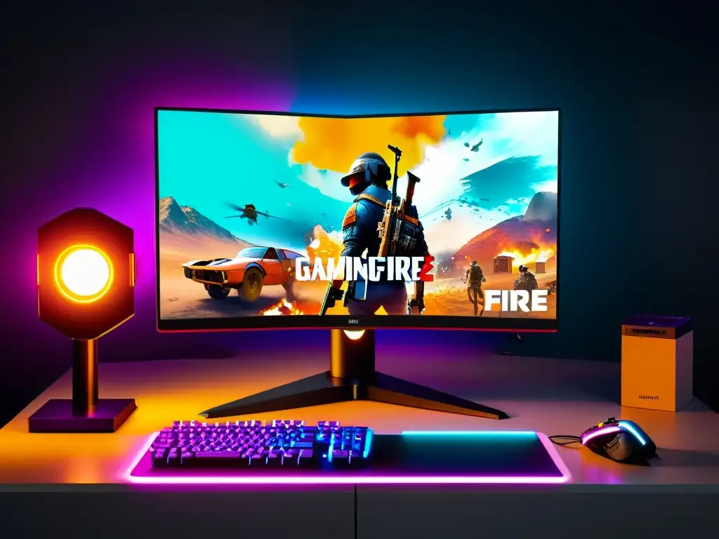 Vibrante setup de gaming con GPU poderosa ejecutando Free Fire