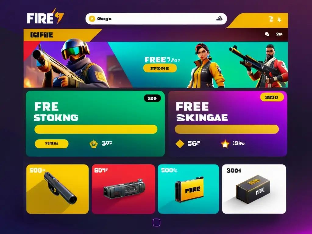 Vibrante tienda virtual de Free Fire con skins de personajes, armas y elementos del juego